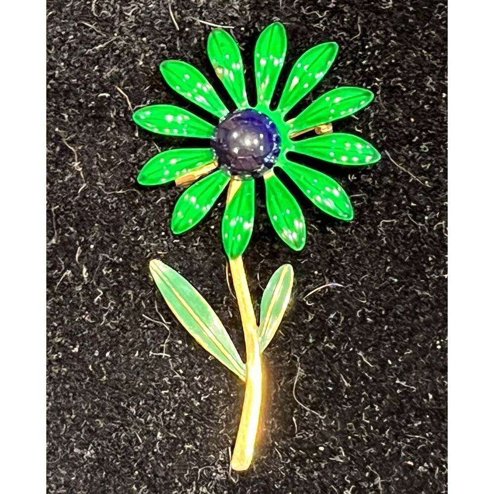 Vintage Flower Brooch Green & Blue Enamel on Metal - Gold Tone Stem Daisy Pin